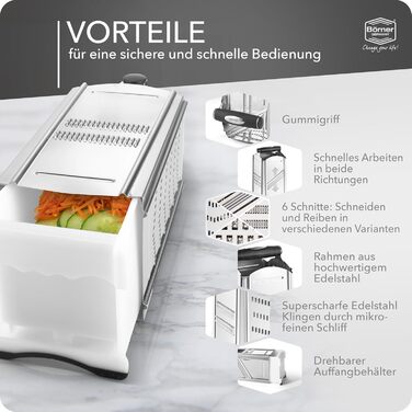 Кухонна терка Börner Combi Chef з контейнером, нержавіюча сталь, 4 насадки — для сиру, овочів, цедри