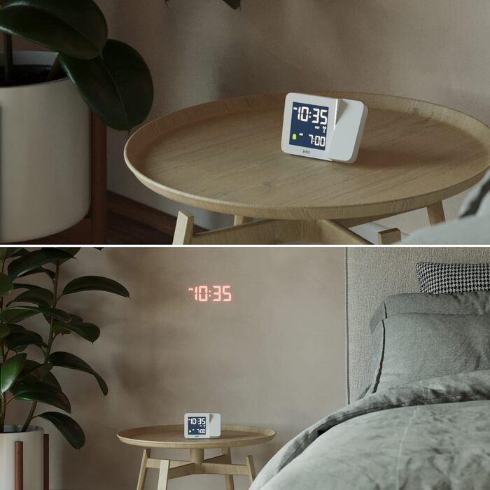 Проекційний радіо-годинник Braun BC15W-DCF з негативним LCD-дисплеєм, DCF, швидке налаштування та звуковий будильник, білий