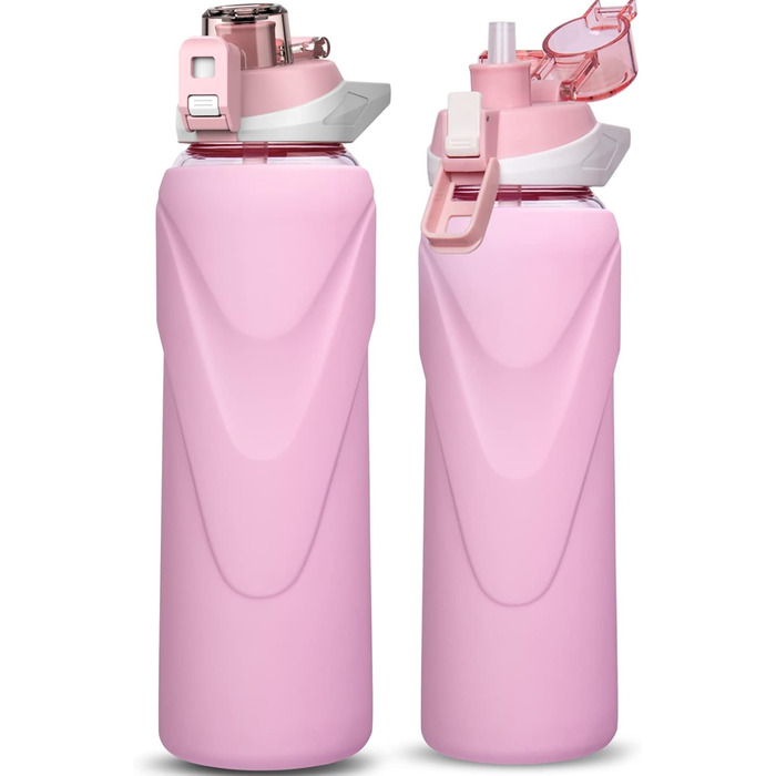 Скляна пляшка для води 1 л з трубочкою, боросилікат, BPA Free, силіконова оболонка, пастельно-рожева