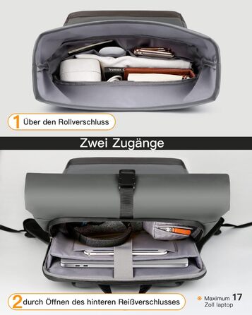 Рюкзак Inateck RollTop 25-30 л для чоловіків і жінок, велосипедний, шкільний, для університету, роботи, спорту та подорожей, з відділенням для ноутбука 17'' (сірий, стильний дизайн)