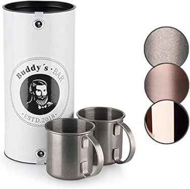 Набір для коктейлів Moscow Mule: 2 склянки по 500 мл, барна ложка 27 см, джигер 5cl, чорна преса для лайма, харчова нержавійка, подарункова коробка