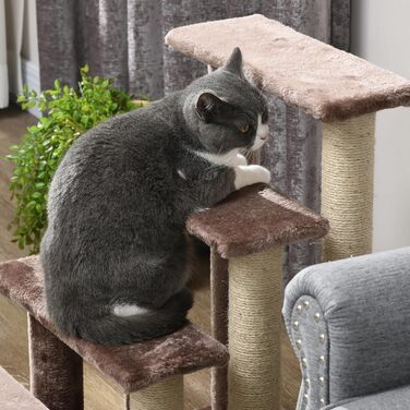 Драбина для котів PawHut, 3-ступенева, з когтеточками та м'ячиком, для котів до 5 кг, плюш і джут, біла, 45x40x48 см (коричнева 60x40x64 см)
