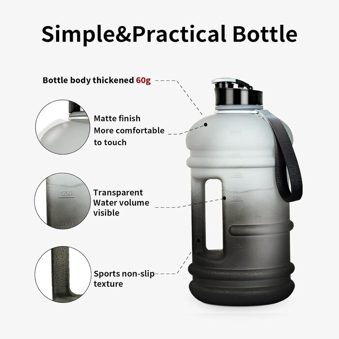 Спортивна пляшка TOOFEEL 2л, BPA Free, з мірною шкалою, багаторазова, чорна-біла для фітнесу та тренувань
