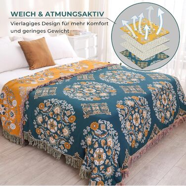 Покривало HOORDRY Boho для ліжка та дивана, бавовняна двостороння ковдра 150×200 см з китицями, жовто-зелене, для спальні та вітальні