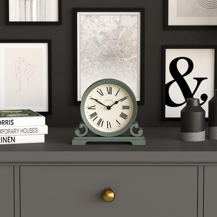 Настільний годинник JONES CLOCKS Saloon, класичний стиль, римські цифри, подвійний скрол, для столу, полиці чи тумбочки, зелений