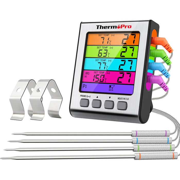Термометр для гриля ThermoPro TP17H з 4 зондами, цифровий м'ясний термометр з підсвіткою, до 300°C
