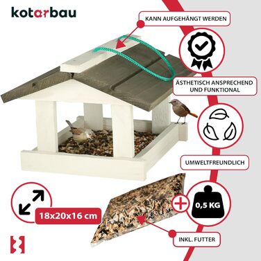 Дерев'яна годівниця для птахів KOTARBAU з підвіскою, кормушка для диких птахів на балкон, у комплекті 0,5 кг корму
