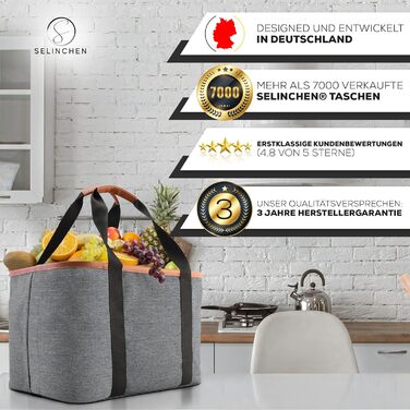 Selinchen® – Преміум кошик для покупок 30 л, складаний, з PU-шкіряною ручкою, сіра сумка-шопер, елегантний пікнік кошик
