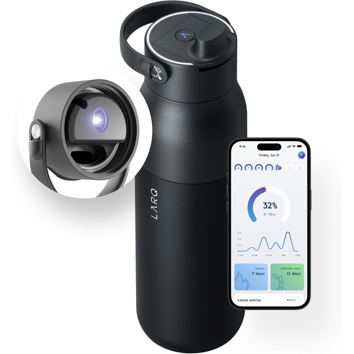 LARQ Bottle PureVis 2 680 мл – Самоочищувальна пляшка для води з UV-C LED та додатком для контролю рідини, подвійна ізоляція, нержавіюча сталь, багаторазова, 2 роки гарантії, Obsidian Black