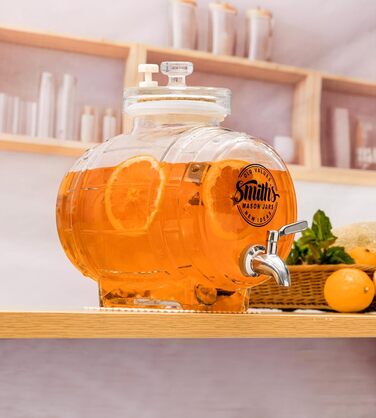 Диспенсер для води Smiths Mason Jars 5 л зі сталевим краном і скляною кришкою — для холодильника, для напоїв, інфузованої води та соків, металевий кран, компактний дизайн