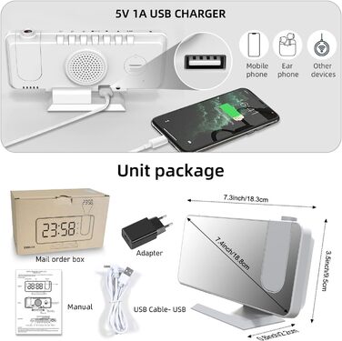Exmate проекційний цифровий будильник з USB, дзеркальний LED-екран 7,5'', подвійний будильник, регульована яскравість, функція відкладення, білий з адаптером