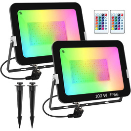 LED прожектори T-SUN 100W, 16 кольорів, IP66, для вулиці та саду, з пультом, набір 2 шт.