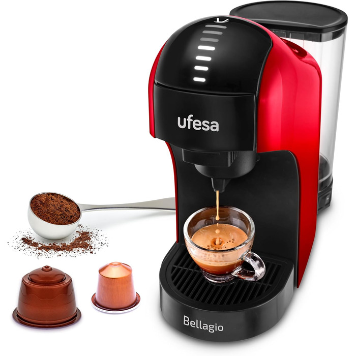 Кавоварка Ufesa Bellagio 3-в-1 для капсул Nespresso, Dolce Gusto або меленої кави, сенсорна панель, 7 режимів, резервуар 1 л, 1400 Вт, 15 бар, червона, компактна