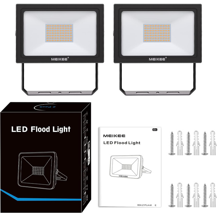 MEIKEE LED Прожектор 60 Вт, тепле біле світло 2700K, 5200 Лм, суперяскравий, 2 шт., IP66 водонепроникний, для саду, двору, гаража, під'їзду