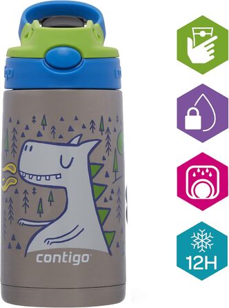Дитяча пляшка для води Contigo Easy Clean Autospout з трубочкою, нержавіюча сталь, без BPA, 100% герметична, легке очищення, 420 мл, для школи, садка, спорту (Matcha Dragon)