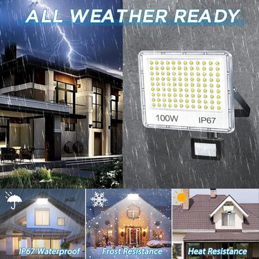 LED прожектор з датчиком руху для вулиці 100 Вт, 10000 Лм, 6500K, IP67, набір 2 шт, водонепроникний світильник для складу, саду, гаража