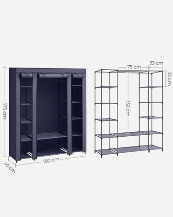 Тканинна шафа SONGMICS з полицями та вішалкою, 150x45x175 см, для одягу, спальня, гардероб, синій