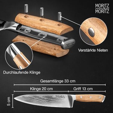 Професійний кухонний ніж Moritz & Moritz 20 см з дамаської сталі 67 шарів, японський шеф-ніж, гострий, ергономічна ручка з акації