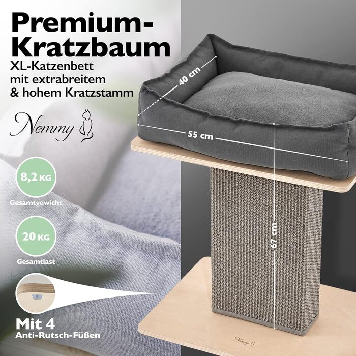 Nemmy Преміум кігтеточка для котів, мала, беж, широка стійка, котяче ліжко з подушкою, для великих котів, сучасний дизайн, натуральне дерево (береза/темно-сірий)