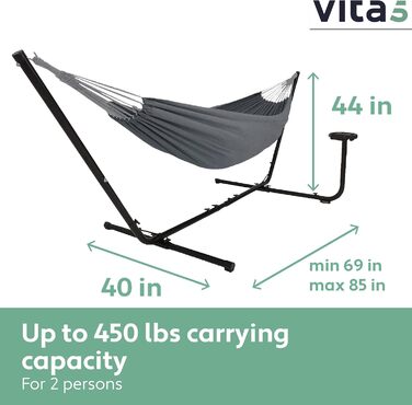 Гамак Vita5 з каркасом для двох, подвійний гамак для вулиці та дому, з сумкою, 200 кг, сірий, для саду, балкону, тераси