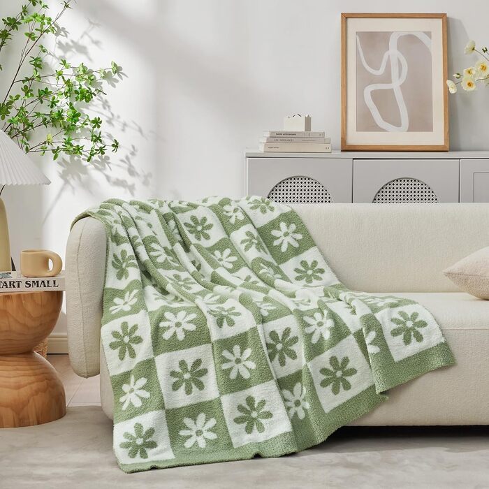 Плед Snuggle Sac клітчастий, салатовий із квітковим візерунком, мікрофібра, флісовий, теплий, двосторонній, для дивану, стільця, ліжка, 127 см