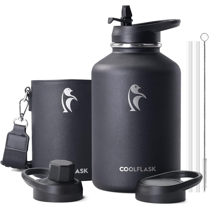 Термобутилка Coolflask 2 л з нержавіючої сталі з PU-чохлом, ізольована пляшка для води з кришкою-соломинкою, тримає холод 48 годин і тепло 24 години, Polar Black