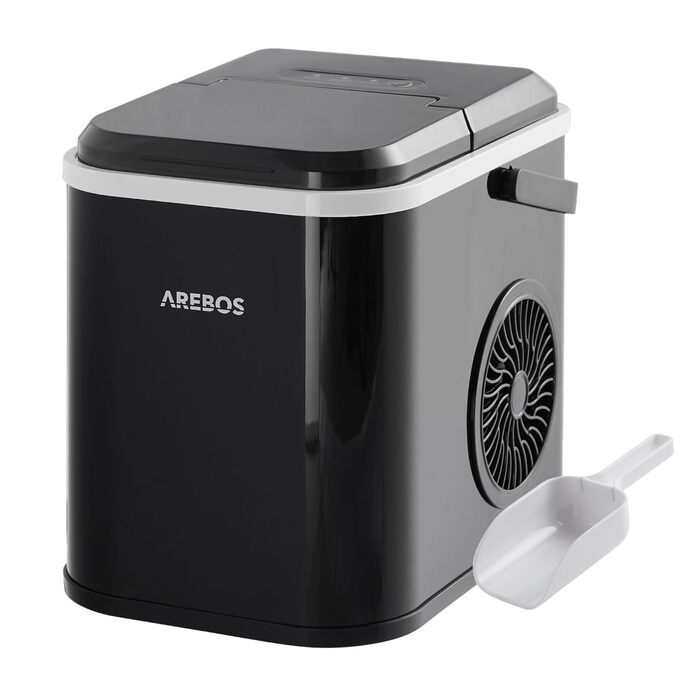 Льодогенератор Arebos 12 кг/24 год, R600a, 1,1 л, самочистка, тихий, з лопаткою та контейнером, чорний, 8 кубиків за 10 хв, льодогенератор зі скляним вікном