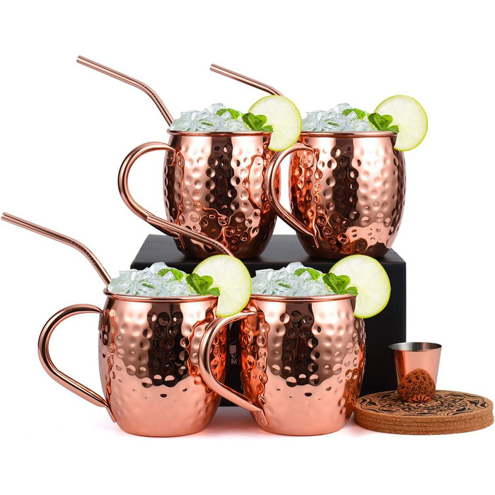 Набір мідних келихів для Moscow Mule, ручна робота, харчова мідь, 473 мл, подарунковий комплект з чаркою, соломинками та підставками, 4 шт.