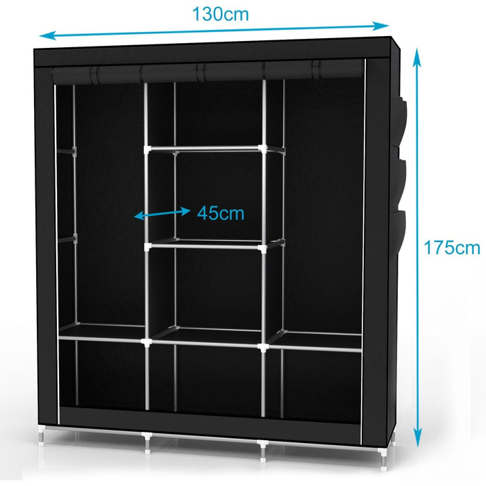 Тканинна шафа INTIRILIFE 130x175x45 см з блискавкою, полицями, штангою та бічною кишенею, складна, для одягу, для кемпінгу, чорна