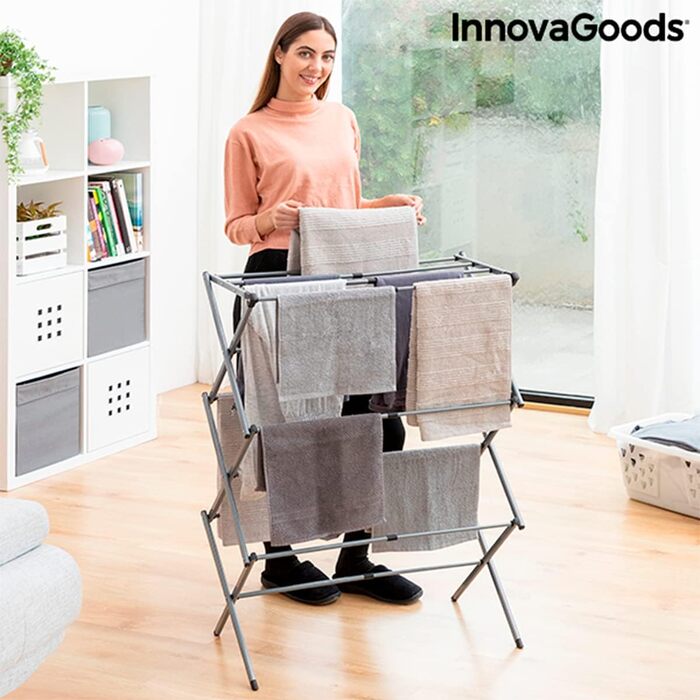Складана розсувна металевa сушарка для білизни InnovaGoods, 3 рівні, 11 прутів, водостійка, легкий монтаж, срібляста, розмір A