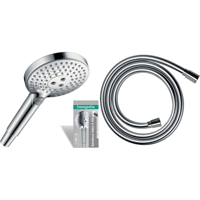 Душова лійка hansgrohe Raindance Select S EcoSmart 9 л/хв, 3 режими, антикальц, кругла (120 мм), з шлангом, хром