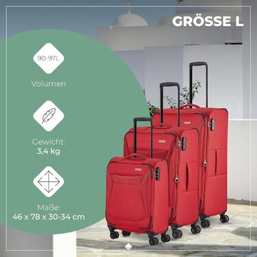 Валіза Travelite Chios L на 4 колесах, м'яка, з розширенням і захистом кутів, 78 см, 90-97 л, червона, дорожній чемодан