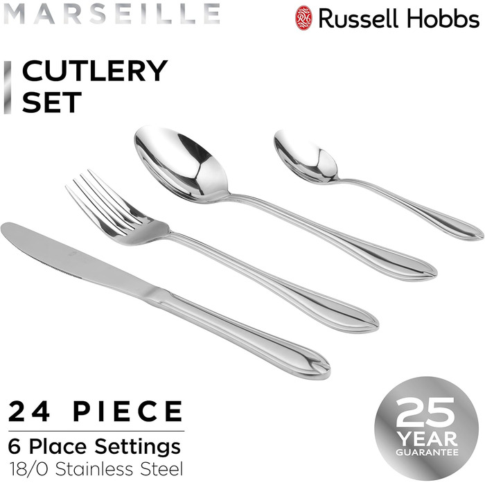 Набір столових приборів Russell Hobbs Marseille на 6 персон, 24 предмети, нержавіюча сталь 18/0, дзеркальна поліровка, придатний для посудомийної машини, 25 років гарантії