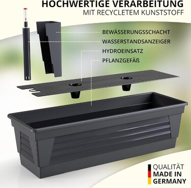 Пластиковий квітник Plastard Milano 3 шт. по 60 см, антрацит, з водозапасом і індикатором рівня води, для саду та балкона, стійкий до погодних умов, для внутрішнього та зовнішнього використання