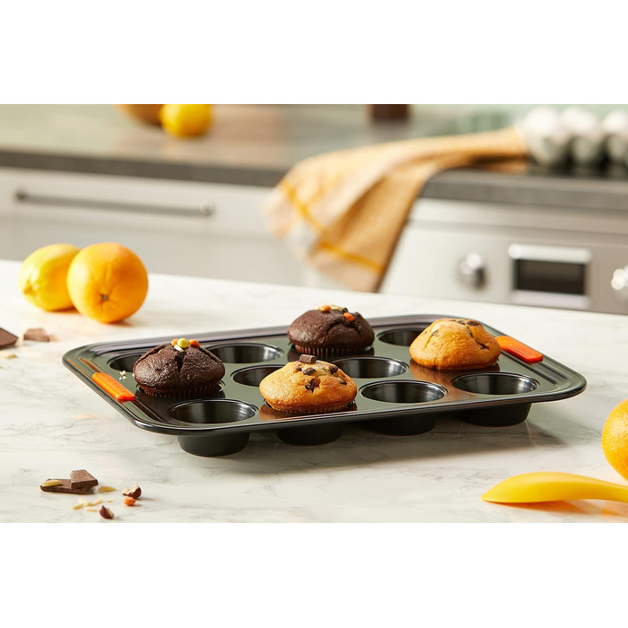 Форма для мафінів Le Creuset на 12 шт, антипригарна, з вуглецевої сталі, стійка до закваски, антрацит/помаранчева