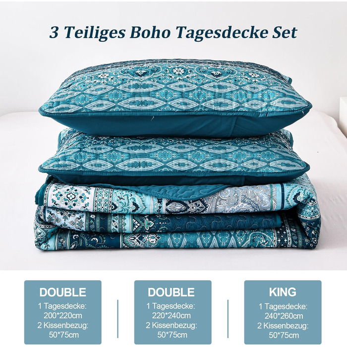 Покривало WONGS BEDDING 220x240 см, стьобане, комплект 3-в-1, мікрофібра, бохо стиль, темно-синє, з 2 наволочками 50x70 см, для двоспального ліжка або дивану