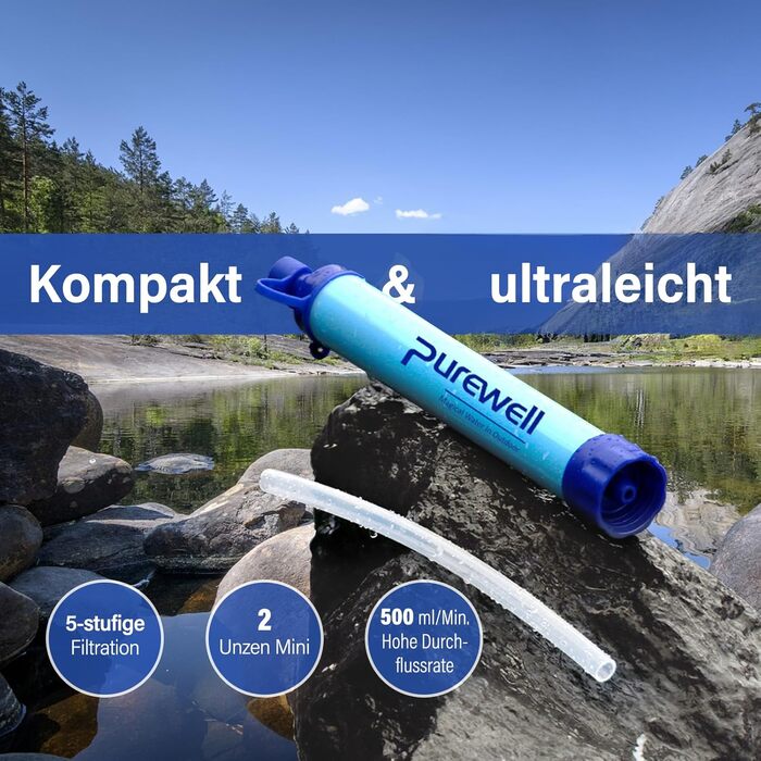 Портативний фільтр для води Purewell 0,01 мкм – видаляє 99,99% бактерій і важких металів, фільтрація до 1500 л, для виживання та активного відпочинку, з ремінцем на шию
