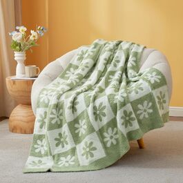 Плед Snuggle Sac клітчастий, салатовий із квітковим візерунком, мікрофібра, флісовий, теплий, двосторонній, для дивану, стільця, ліжка, 127 см