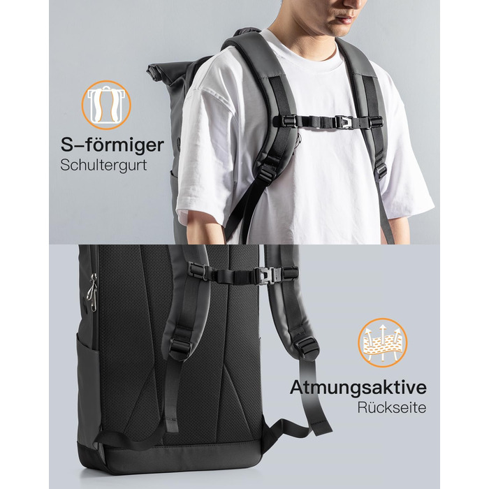 Рюкзак Inateck RollTop 25-30 л для чоловіків і жінок, велосипедний, шкільний, для університету, роботи, спорту та подорожей, з відділенням для ноутбука 17'' (сірий, стильний дизайн)