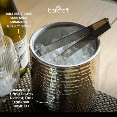 Відерце для льоду BarCraft з нержавіючої сталі з кришкою та щипцями, сріблясте, 1,5 л, молоткова текстура, 15,5x16 см