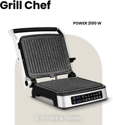 Електричний контактний гриль і сендвіч-тостер Grill Chef 2100Вт, знімні пластини, 2в1, розкладний на 180°, антипригарне покриття, піддон для жиру, звуковий сигнал, сріблястий