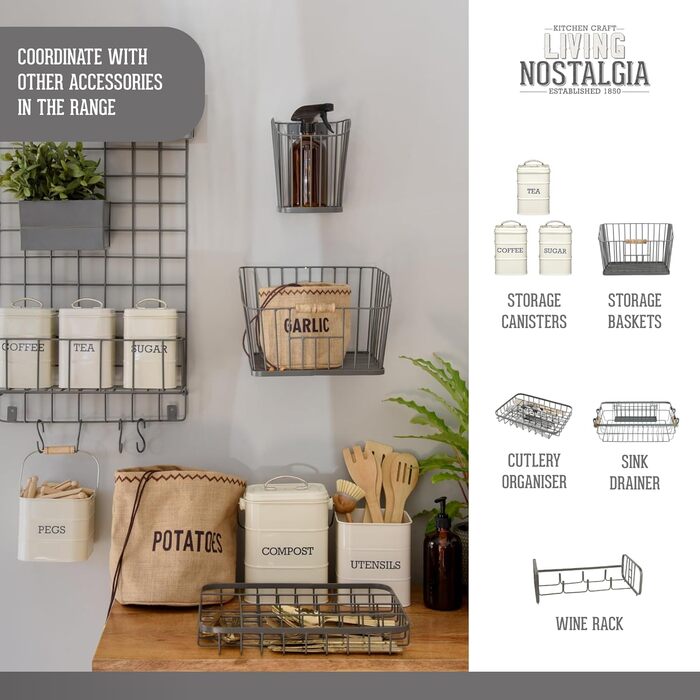 Металевий кошик KitchenCraft для 6 пляшок, сірий, 29x20x13 см – органайзер для молочних та винних пляшок, ретро стиль
