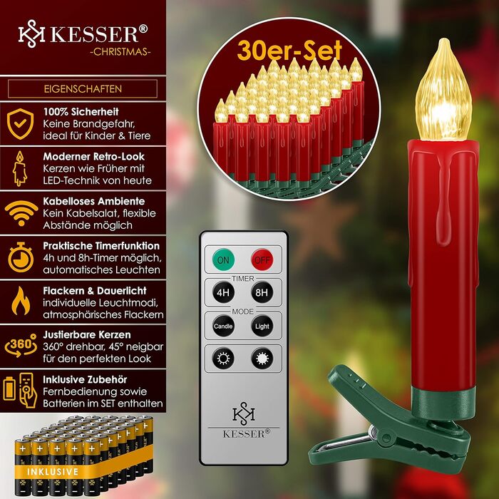 KESSER LED ялинкові свічки 30 шт., бездротові, різнокольорові, з пультом, таймером, мерехтінням, димміровані, з батарейками, кріплення, червоні