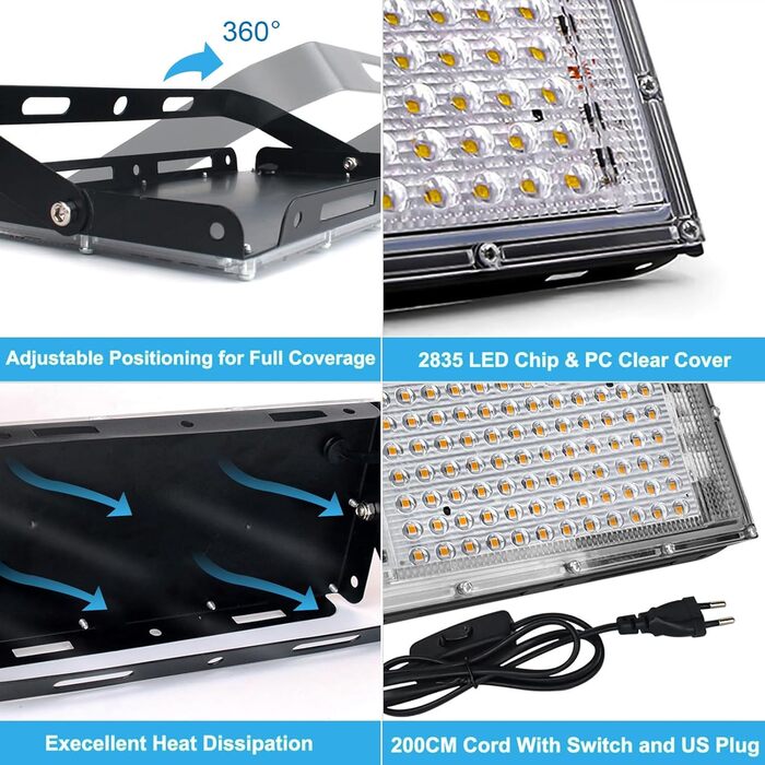 LED прожектор 100Вт з вилкою, 2 шт, 10000 лм, тепле біле світло 3000K, IP65, водонепроникний, для вулиці, саду, гаража, спортмайданчика