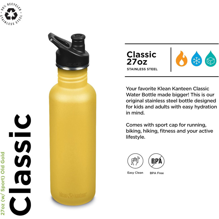 Пляшка для води Klean Kanteen Classic 800 мл, золота, нержавіюча сталь