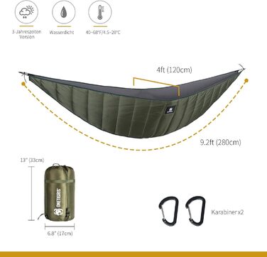 Утеплювач для гамаку OneTigris Hideout, ультралегкий підвісний підматрац 280x120 см, армійсько-зелений, для кемпінгу, туризму та походів