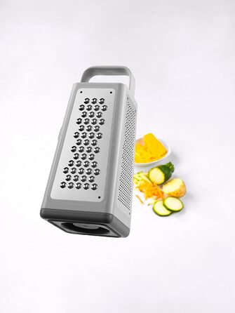 Терка кухонна ZWILLING Z-Cut, 4 насадки, нерж. сталь, з контейнером, для овочів, сиру, картоплі, пармезану, двостороння, 26×11×11 см, підходить для посудомийки, сіра