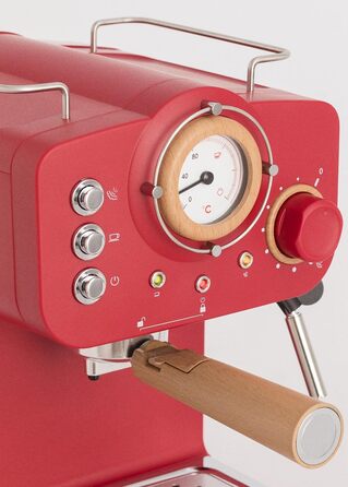 Еспресо-машина CREATE THERA MATT Retro, кремово-біла, напівавтоматична, 15 бар, 1100 Вт, резервуар 1,25 л, для меленої кави та ESE-подушечок, дерев'яні елементи