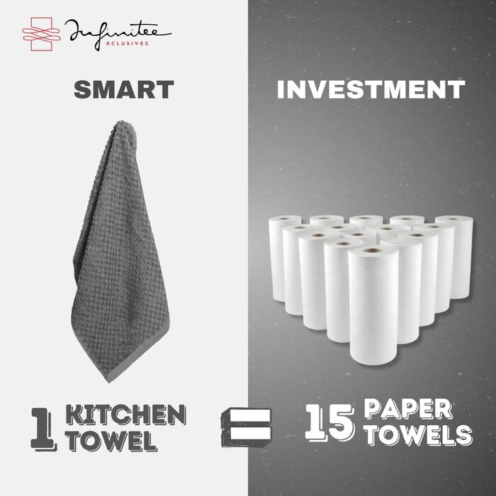 Преміальні кухонні рушники Infinitee, 6 шт., 100% бавовна, сірі, 38,1x63,5 см, махрові, для прибирання та сушіння посуду, щільність 425 г/м²