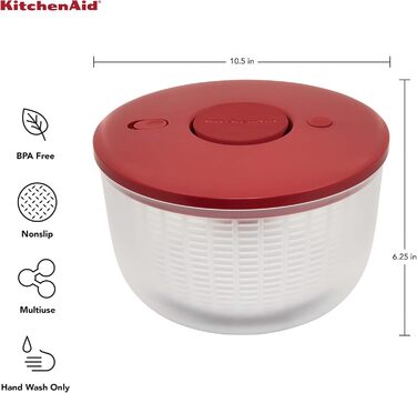 Сушарка для салату KitchenAid KQ308OSERA універсальна з від'ємним ситом, одноручним помповим механізмом, велика чаша з нековзною основою, пластик, червона Empire